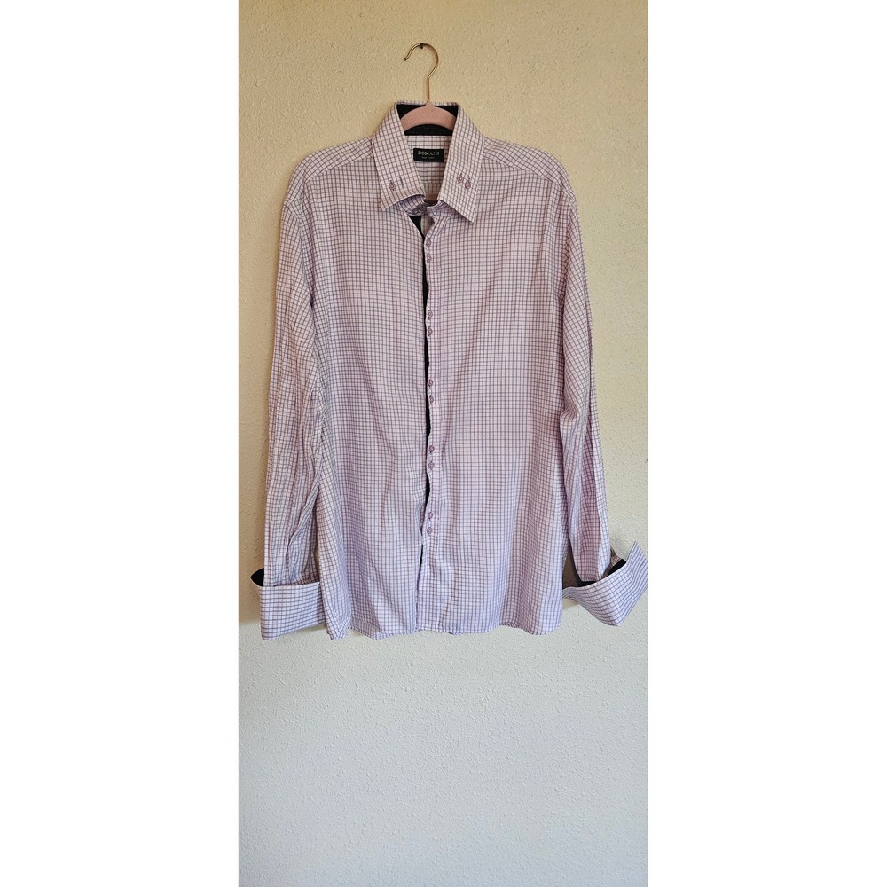 Domani Blue Label Mens Purple White Check Dress Shirt Double Button Collar XL